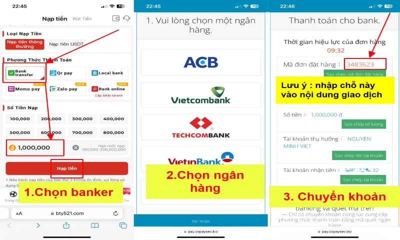 Thực hiện giao dịch nạp tiền Bsport